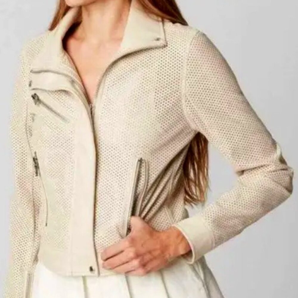 BLANK NYC Perforated Moto Cream Faux Leather Jacket Sz Large